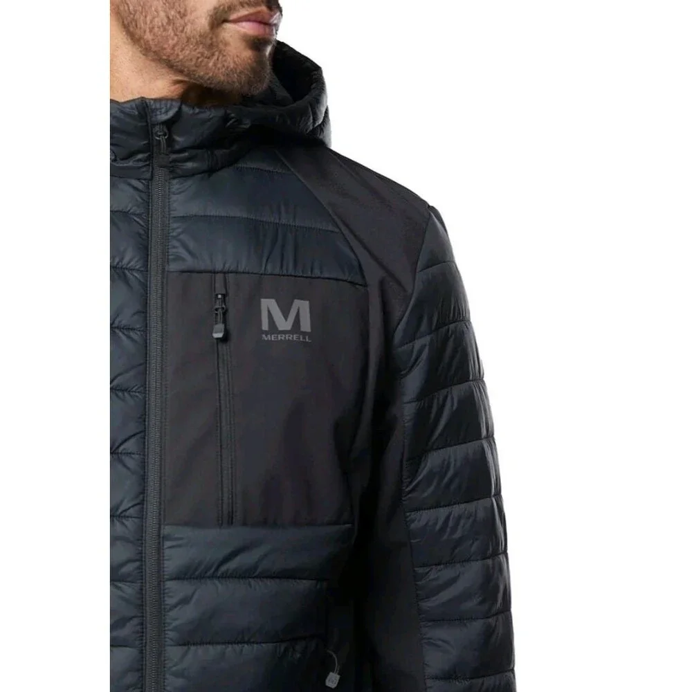 Merrell Men's Hooded Mixed‎ Media Puffer Softshell Jacket, Black, XL